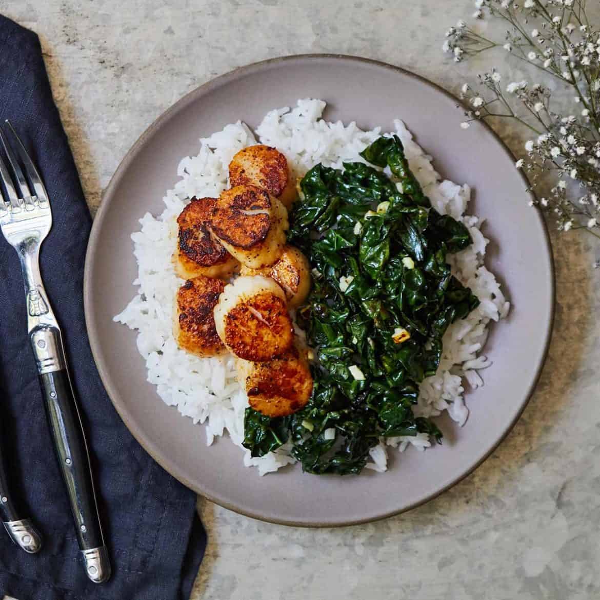 Scallops with Coconut Rice & Kale Cooking With Coit