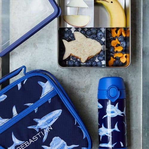 Potter Barn Beach Themed Lunch box and accessories on a metal tray