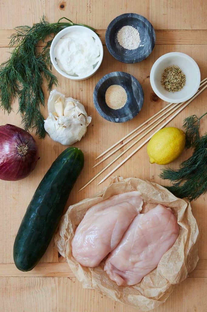 Chicken Skewers with Cucumber Salad and Tzatziki Ingredients