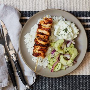 Chicken Skewers with Cucumber Salad and Tzatziki