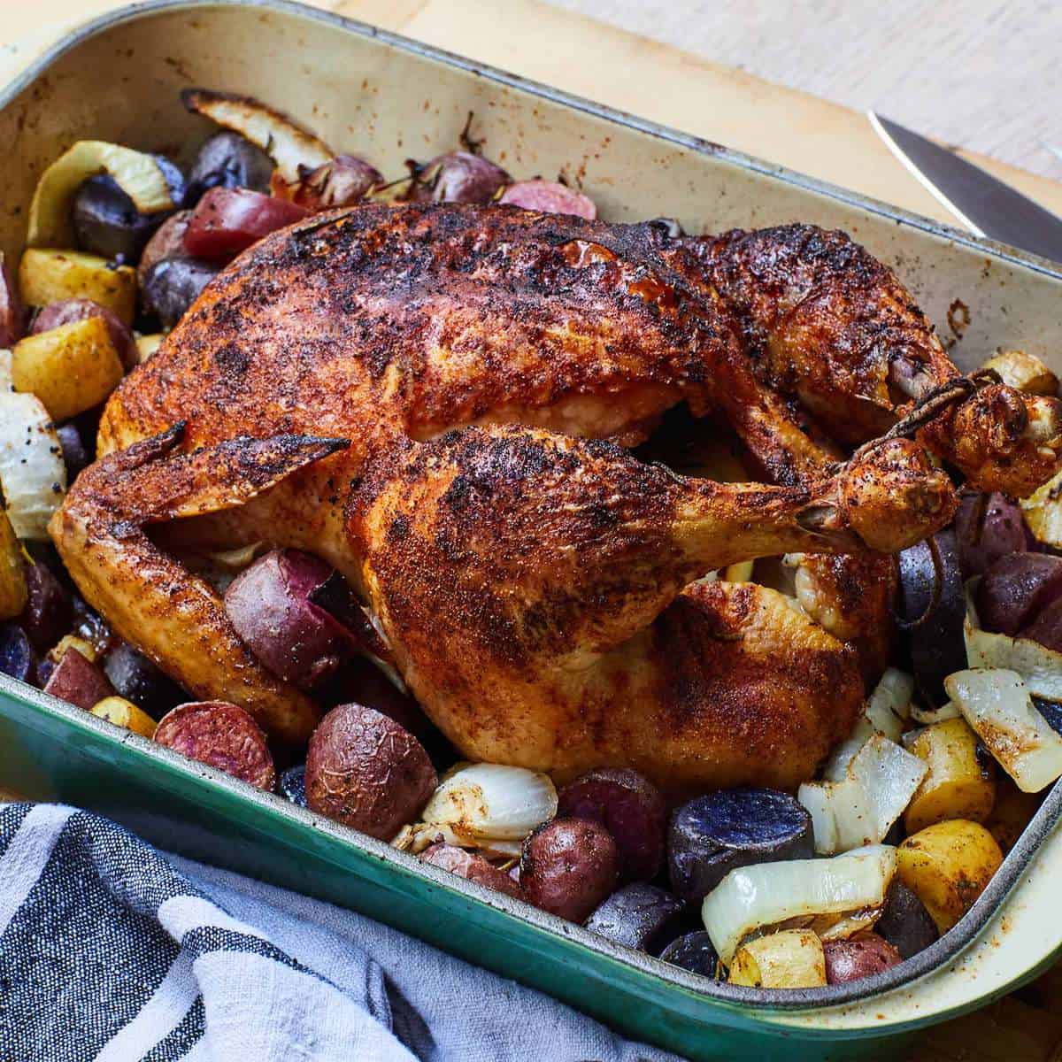 Roast Chicken and Potatoes in a baking dish