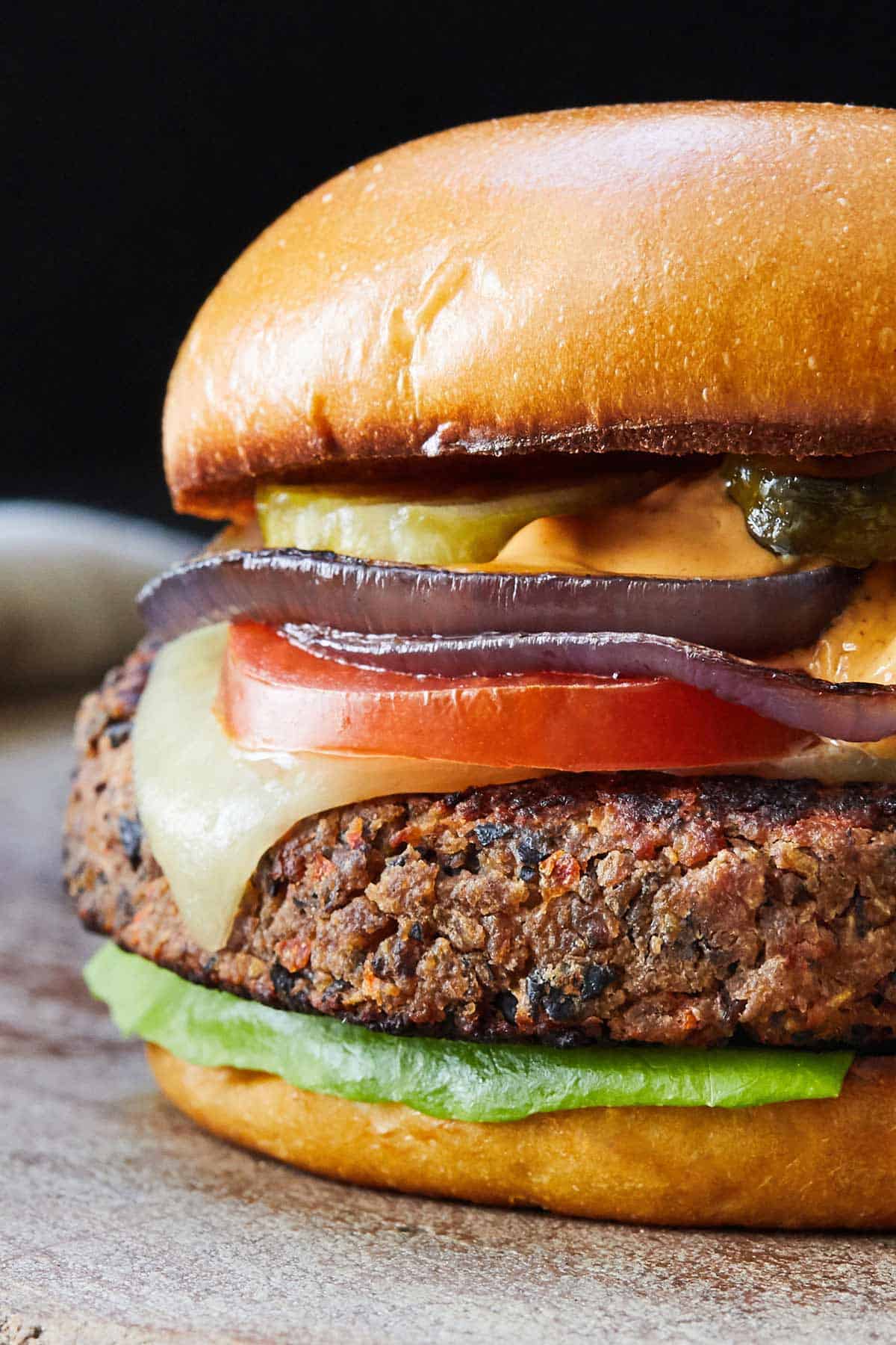 Close up photo of a veggie burger.