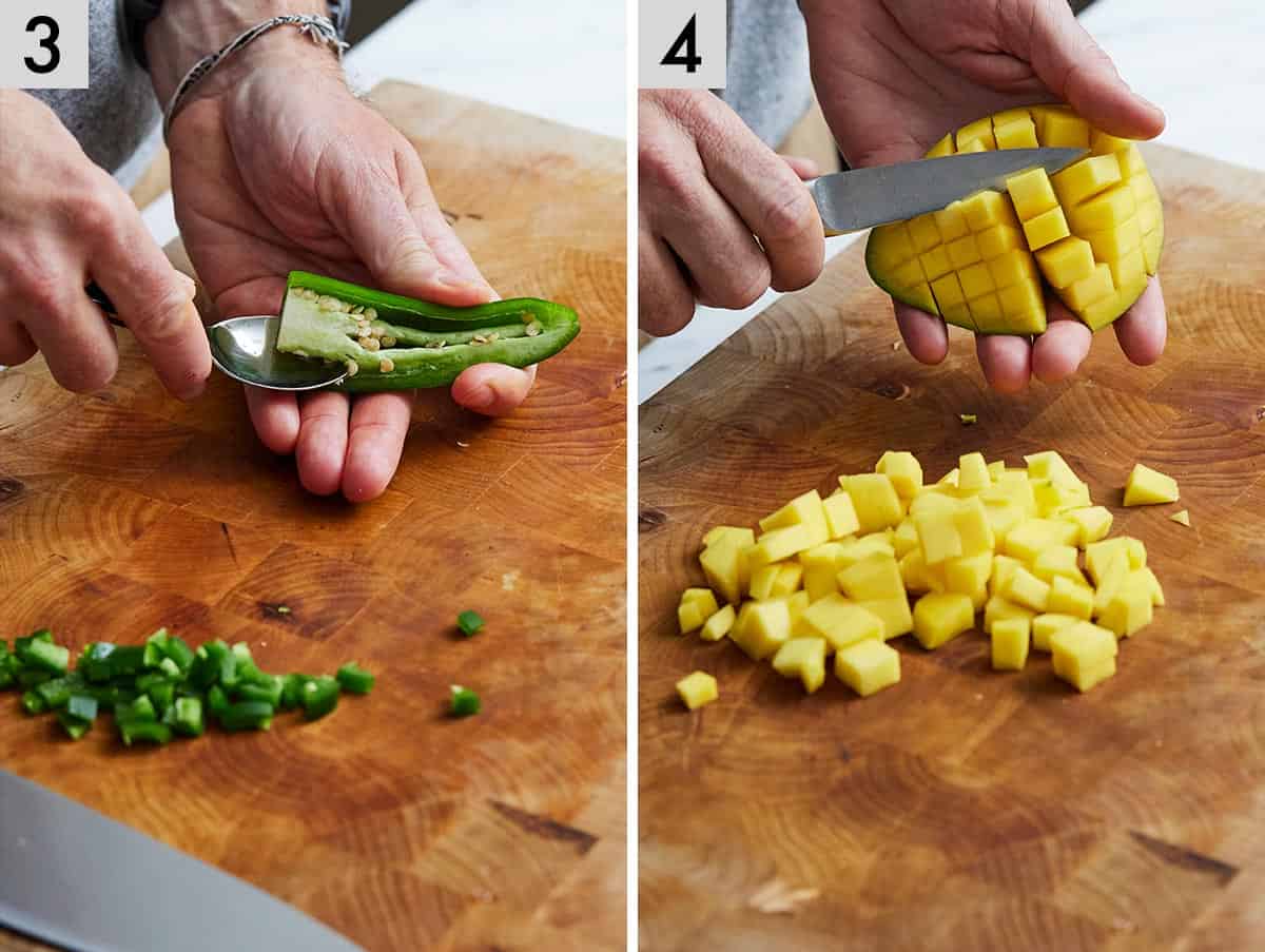 Set of two photos showing a jalapeno pepper being deseeded and a mango being cut.