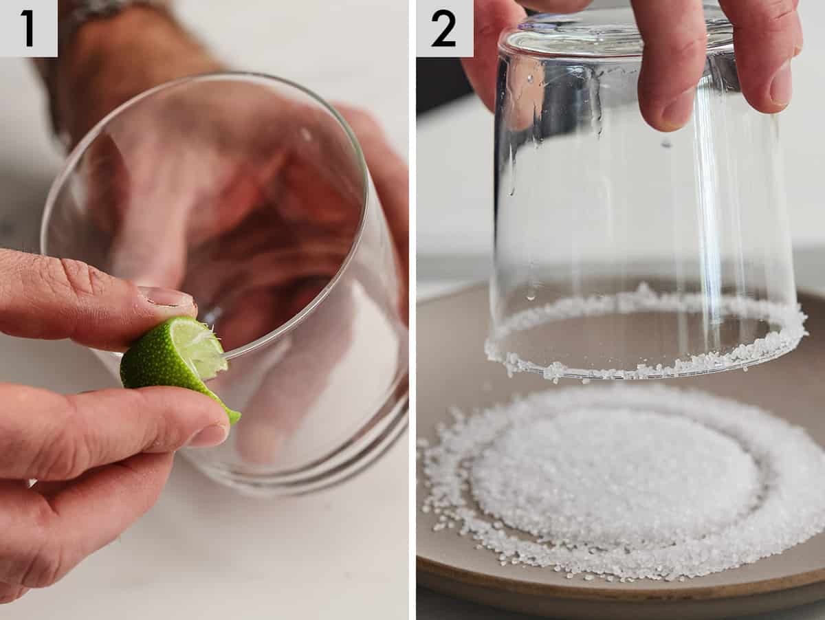 Set of two photos showing a lime wedge being run around the rim of the glass. Second photo showing the glass rim being covered with salt.