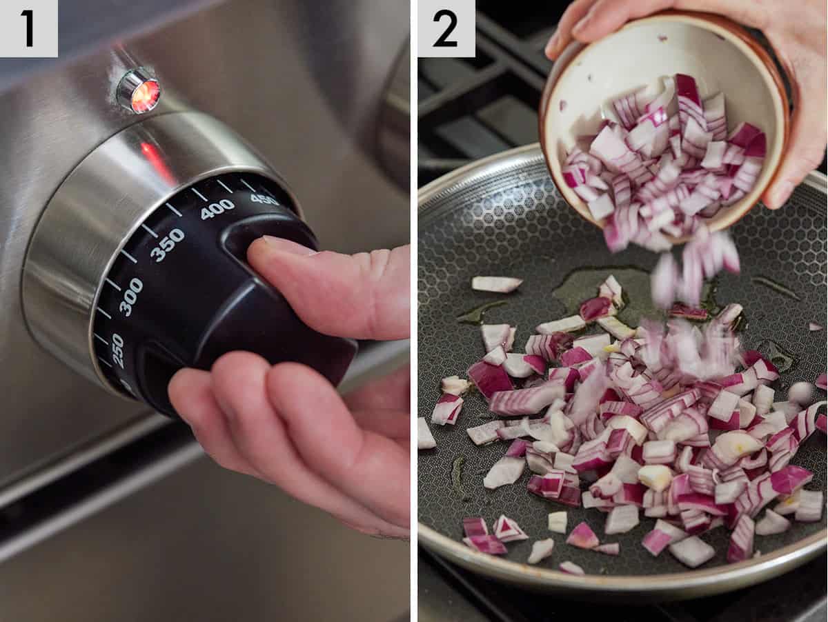 Set of two photos showing preheating the oven and sautéing the onions.