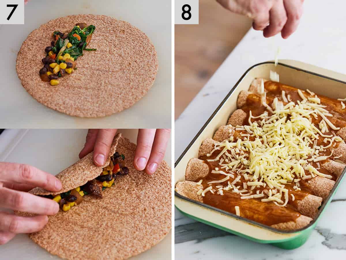 Set of three photos showing the filling being added to a tortilla and rolled up before being added to a casserole dish and topped with sauce and cheese.
