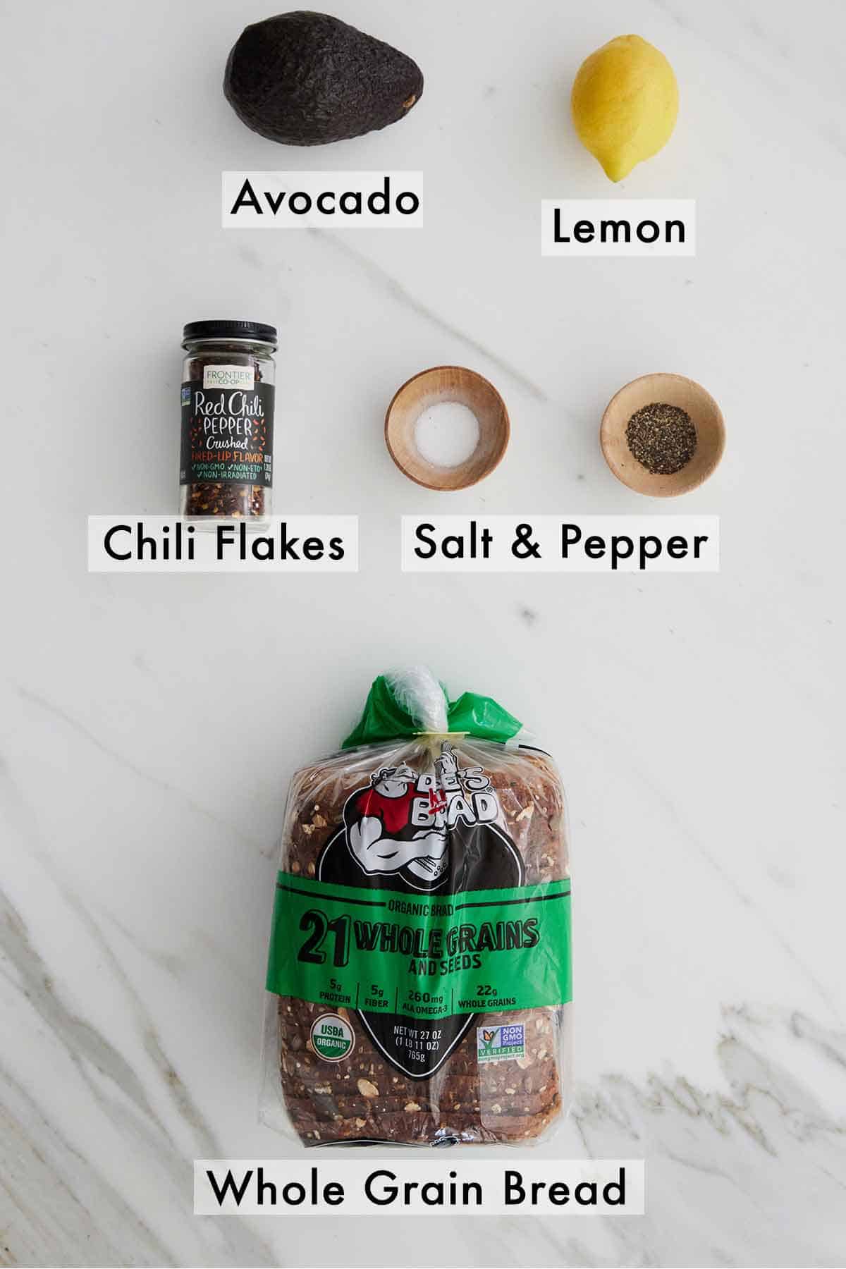 Ingredients needed to make avocado toast.