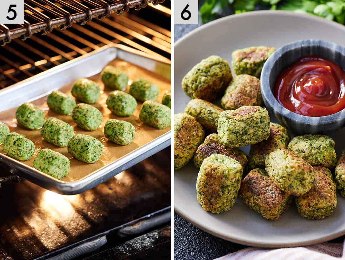 Set of two photos showing broccoli tots being baked in the oven and then plated with ketchup.