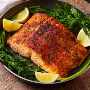 Close up of a serving of air fryer salmon.