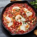 Cast iron skillet with shakshuka garnished with cilantro and feta cheese.