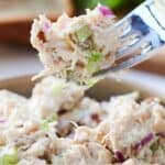 Pinterest graphic of a fork holding up a bite of chicken salad.