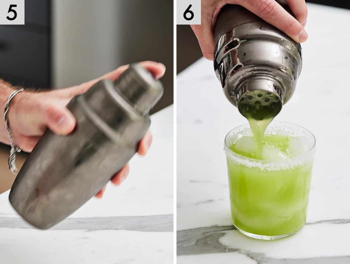 Set of two photos showing a cocktail shaker being shook then poured into the prepared glass.
