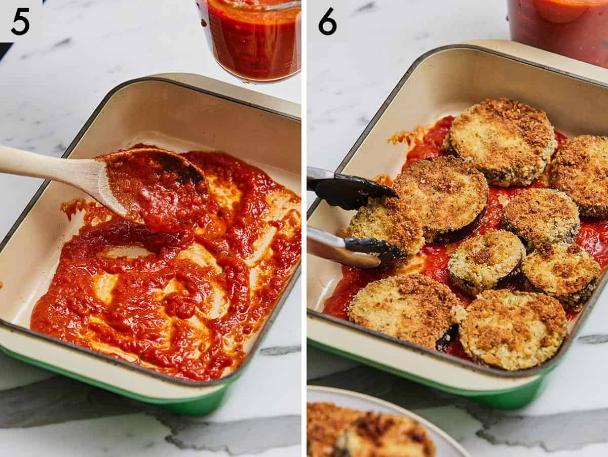 Set of two photos showing marinara sauce spread on the bottom of a casserole dish and crispy breaded eggplant slices placed on top.