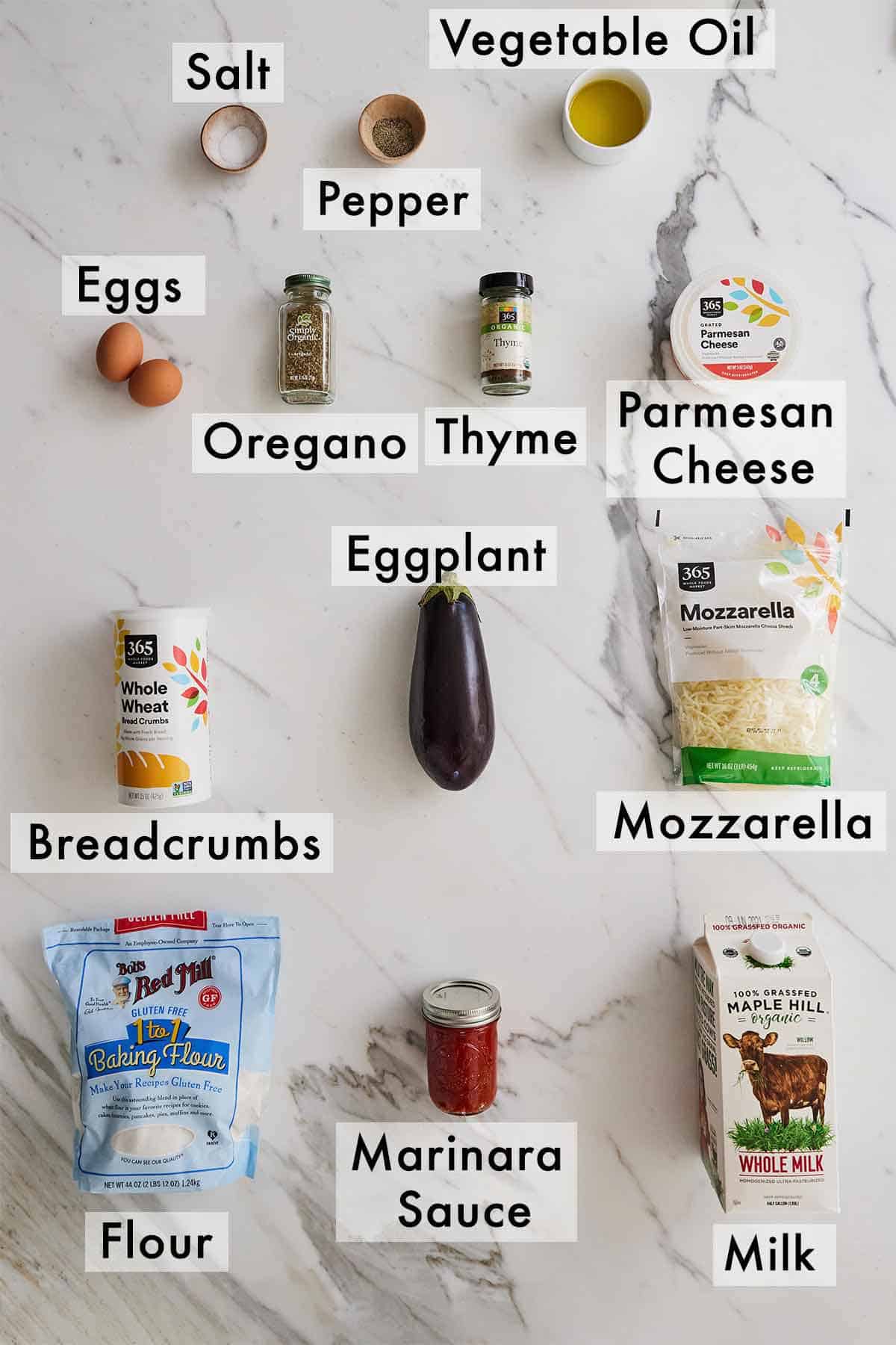 Ingredients needed to make eggplant parmesan.
