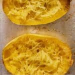 Pinterest graphic of two halves of spaghetti squash, with the noodle strands pulled out.