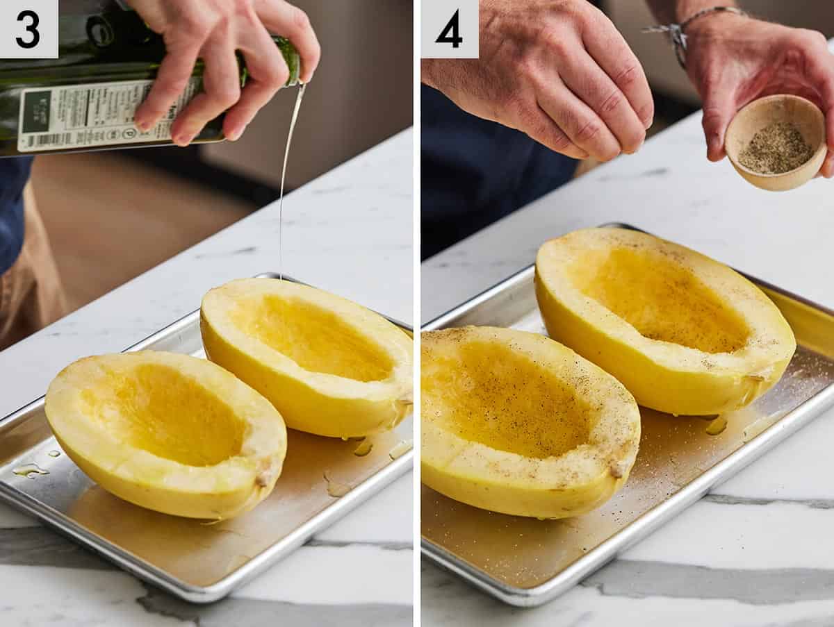 Set of two photos showing olive oil being drizzled onto the cut squash and then seasoned with salt and pepper.