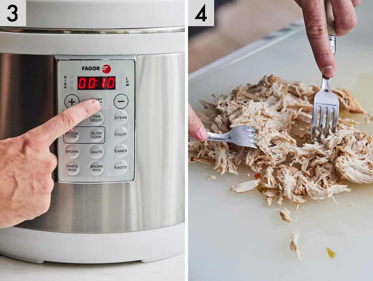 Set of two photos showing the timer being set on the pressure cooker and then shredded chicken breasts.