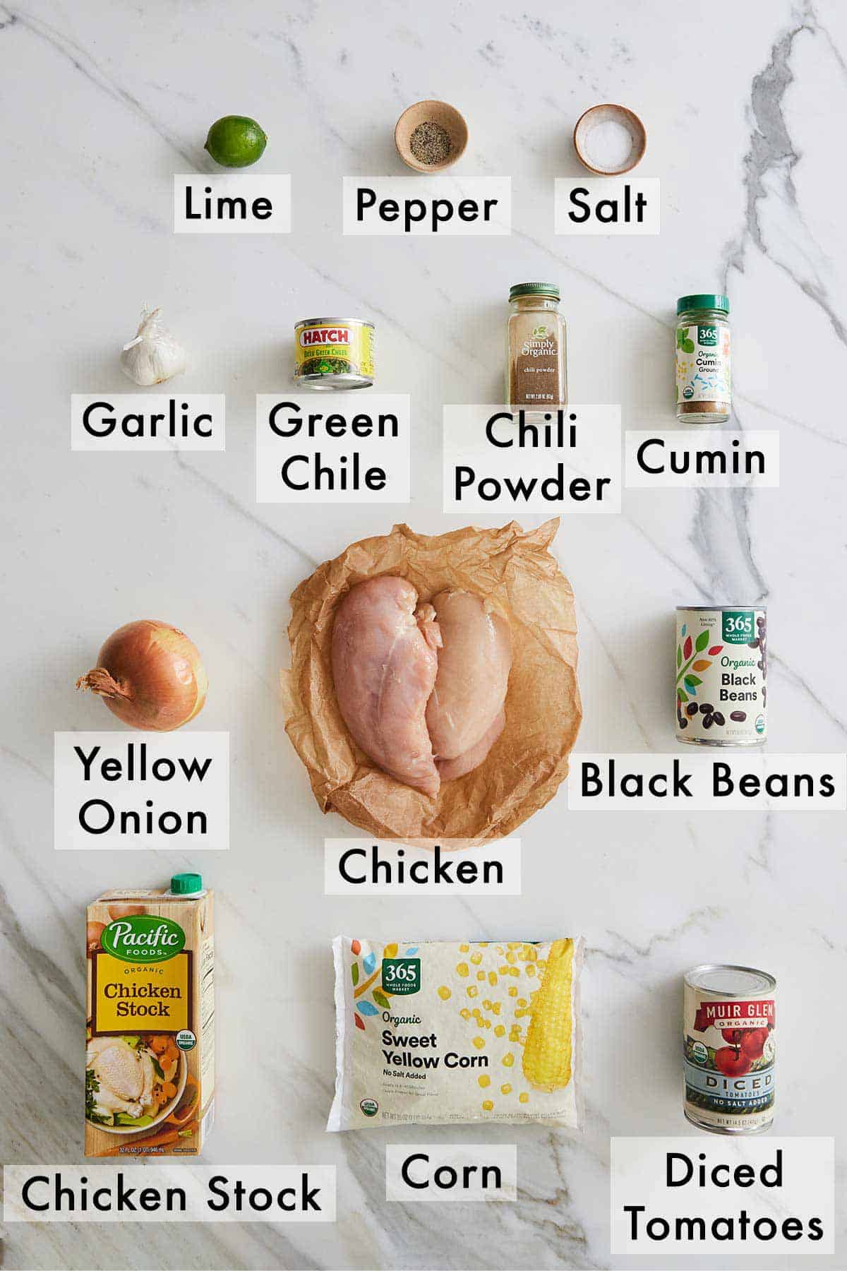 Ingredients needed to make chicken tortilla soup.