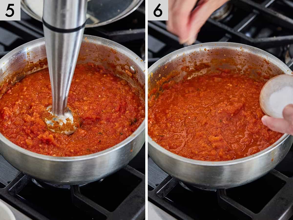 Set of two photos showing sauce being blended with an immersion blender and then salted.
