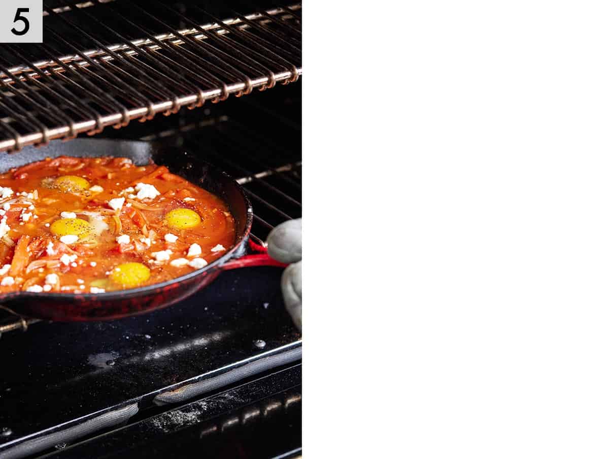 Photo showing shakshuka going into the oven.