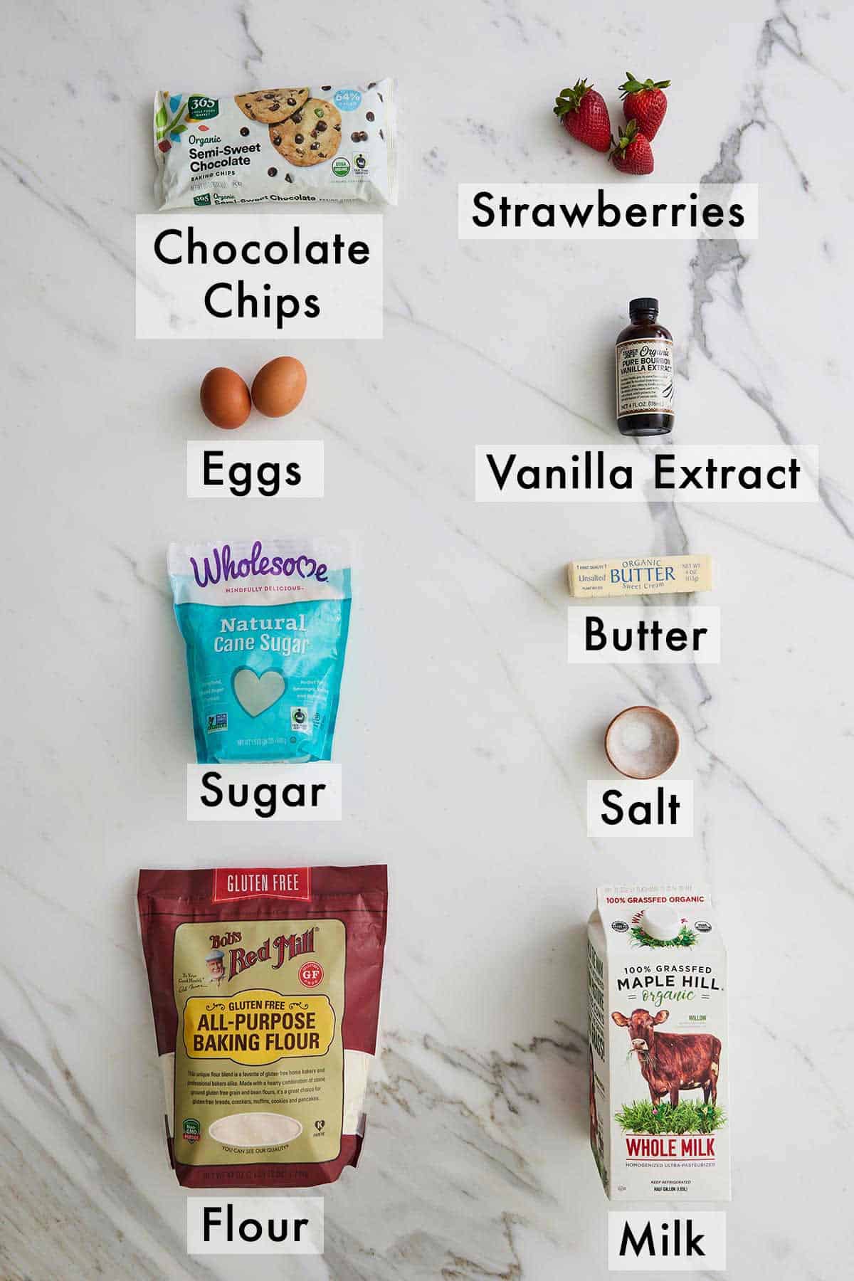 Ingredients needed to make sheet pan pancakes.