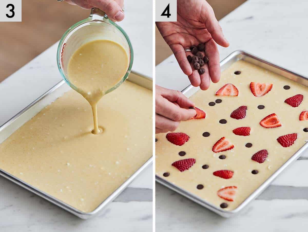 Set of two photos showing bater being poured into a pan and chocolate chips and strawberries being added.