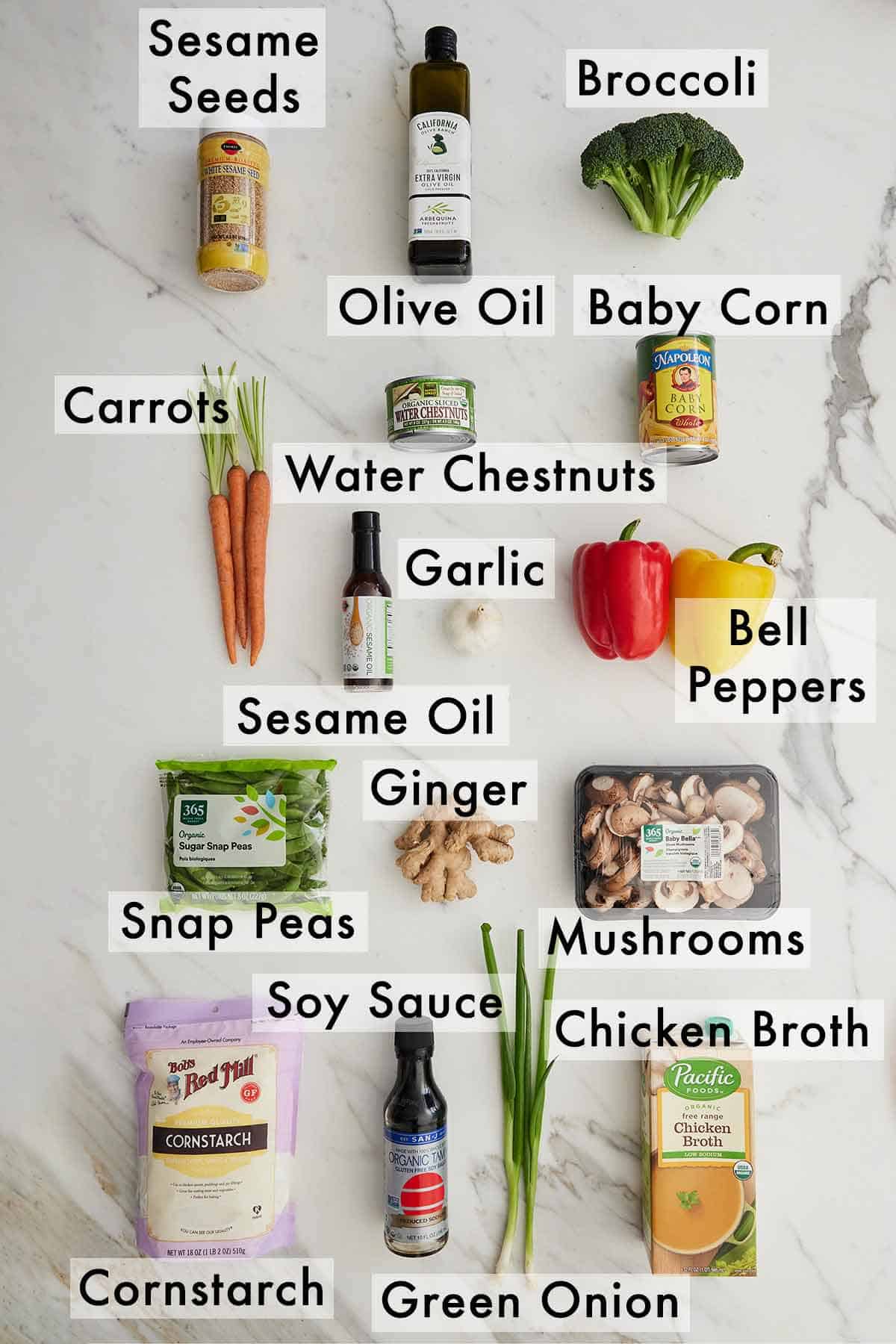 Ingredients needed to make vegetable stir fry.