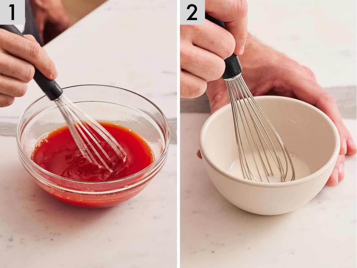 Set of 2 photos of whisking ingredients to make the sauce and cornstarch.