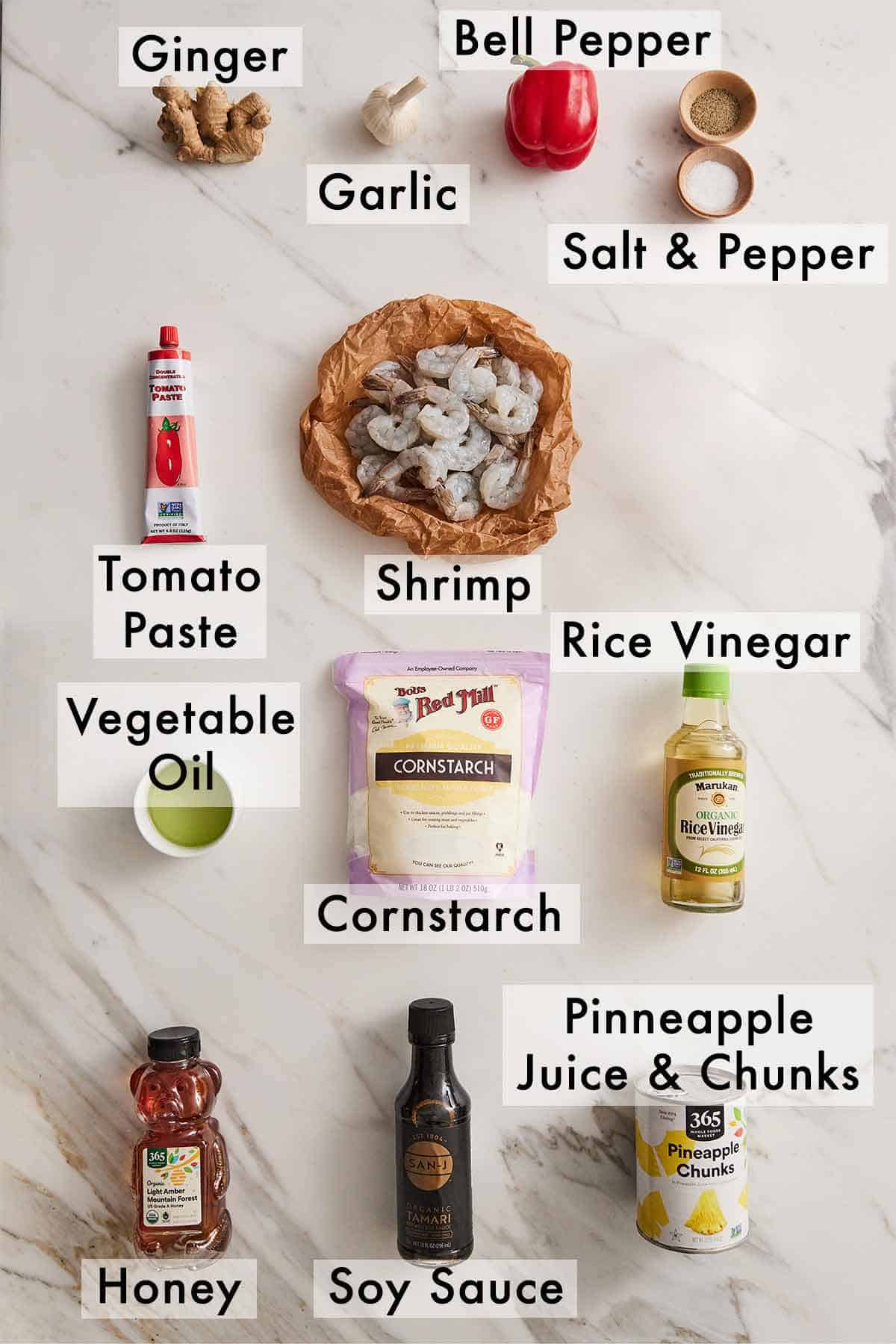 Ingredients needed to make sweet and sour shrimp.