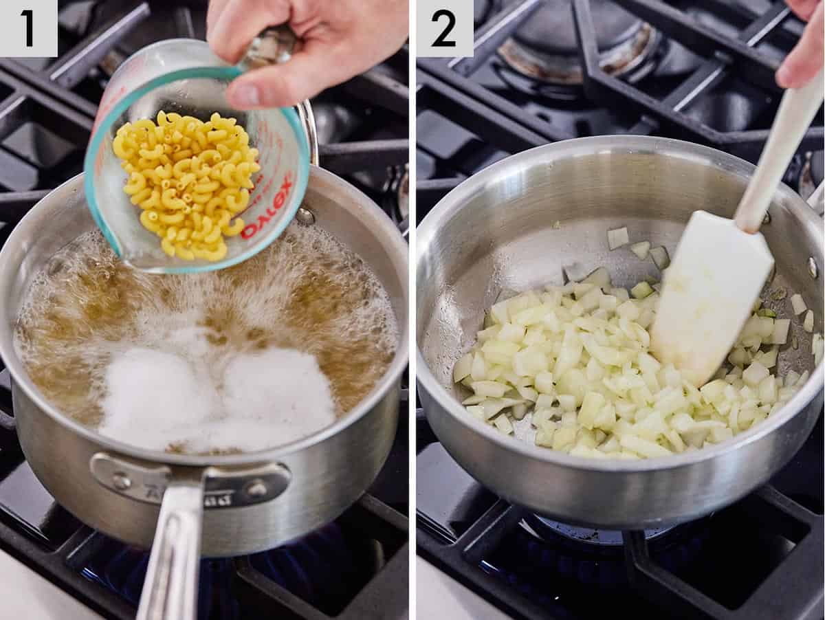 Set of 2 photos showing pasta added to boiling water and then sautéing onions.