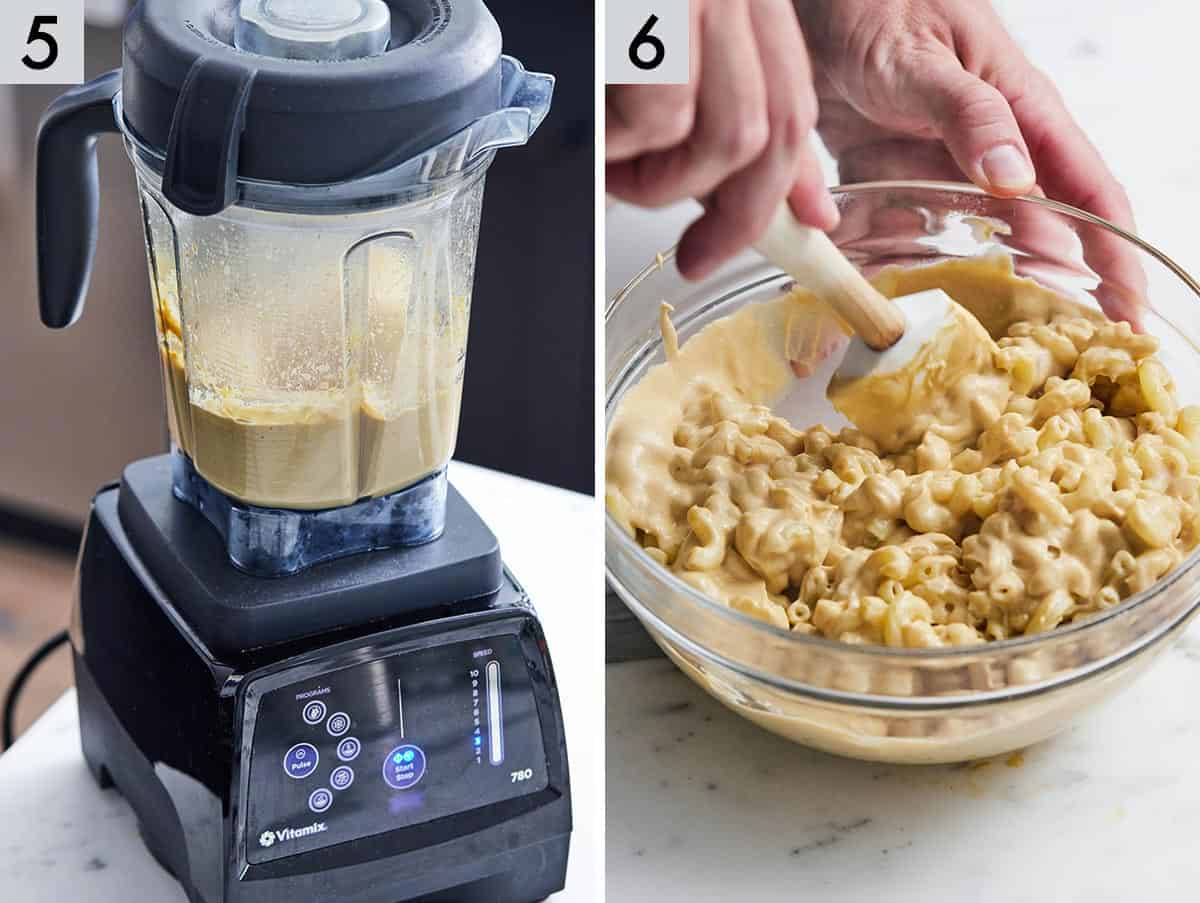 Set of 2 photos showing the cheese sauce being made in the blender and then mixed with the pasta.