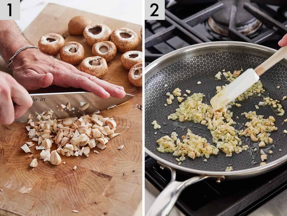 Set of two photos showing mushroom stems being chopped up and then garlic being cooked in a skillet.