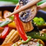 Pinterest graphic of vegetables held up by a pair of chopsticks.