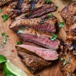 Overhead view of a carne asada sliced against the grain.