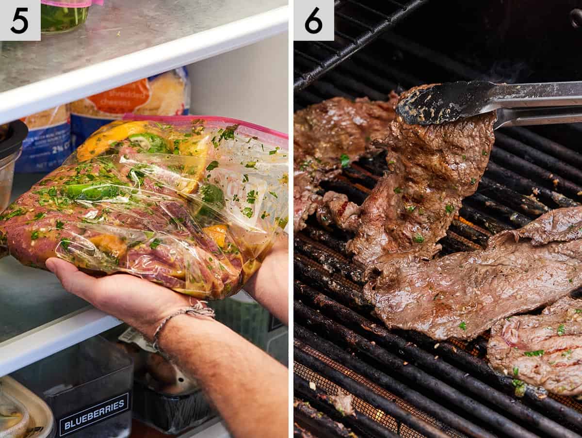 Set of two photos showing the bag of meat being transferred to the fridge and then cooked on the grill.