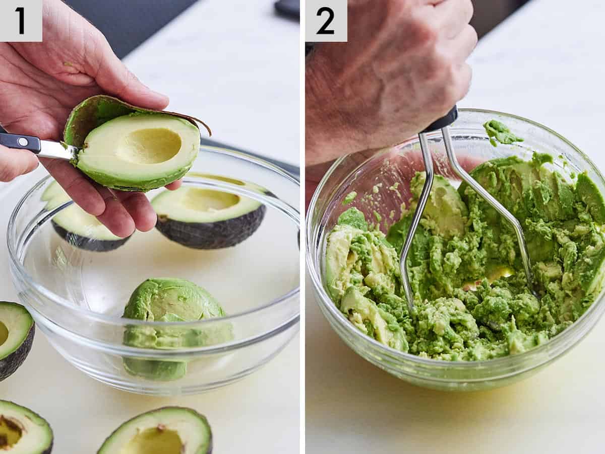Set of two photos showing avocados being scooped into a bowl and then mashed with a masher.