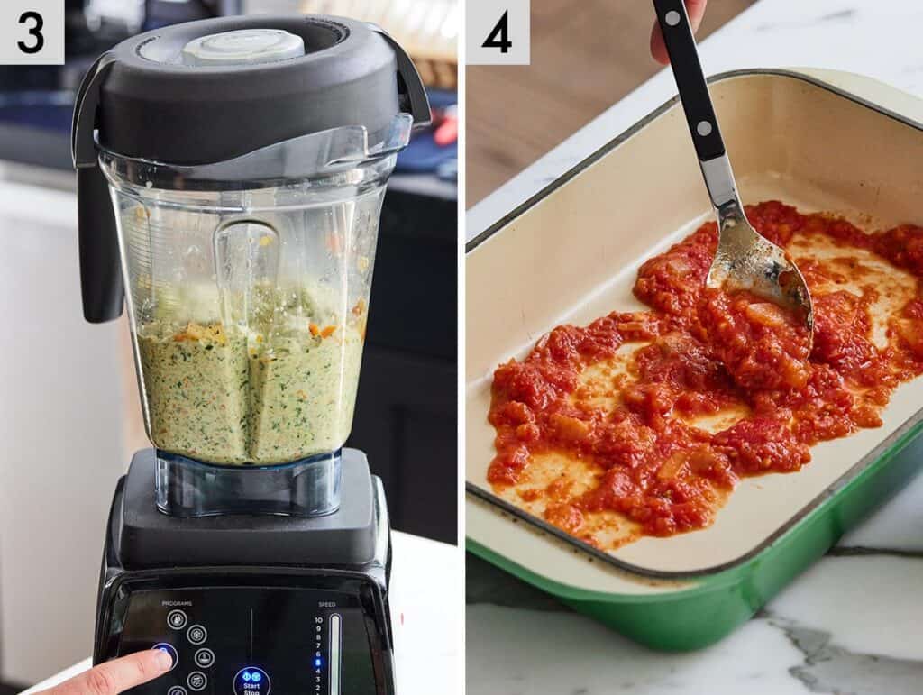 Set of two photos showing veggies and ricotta blended and marinara sauce spread in a casserole dish.