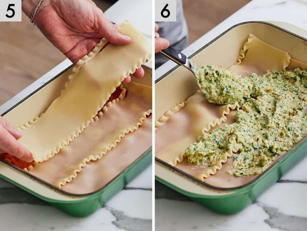 Set of two photos showing lasagna sheets added to the casserole dish and then the ricotta veggie mixture spread on top.