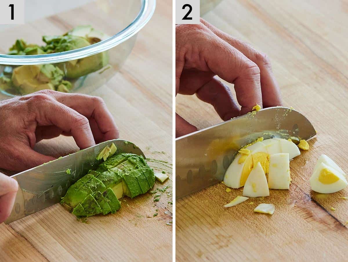 Set of two photos showing an avocado and an egg being diced.