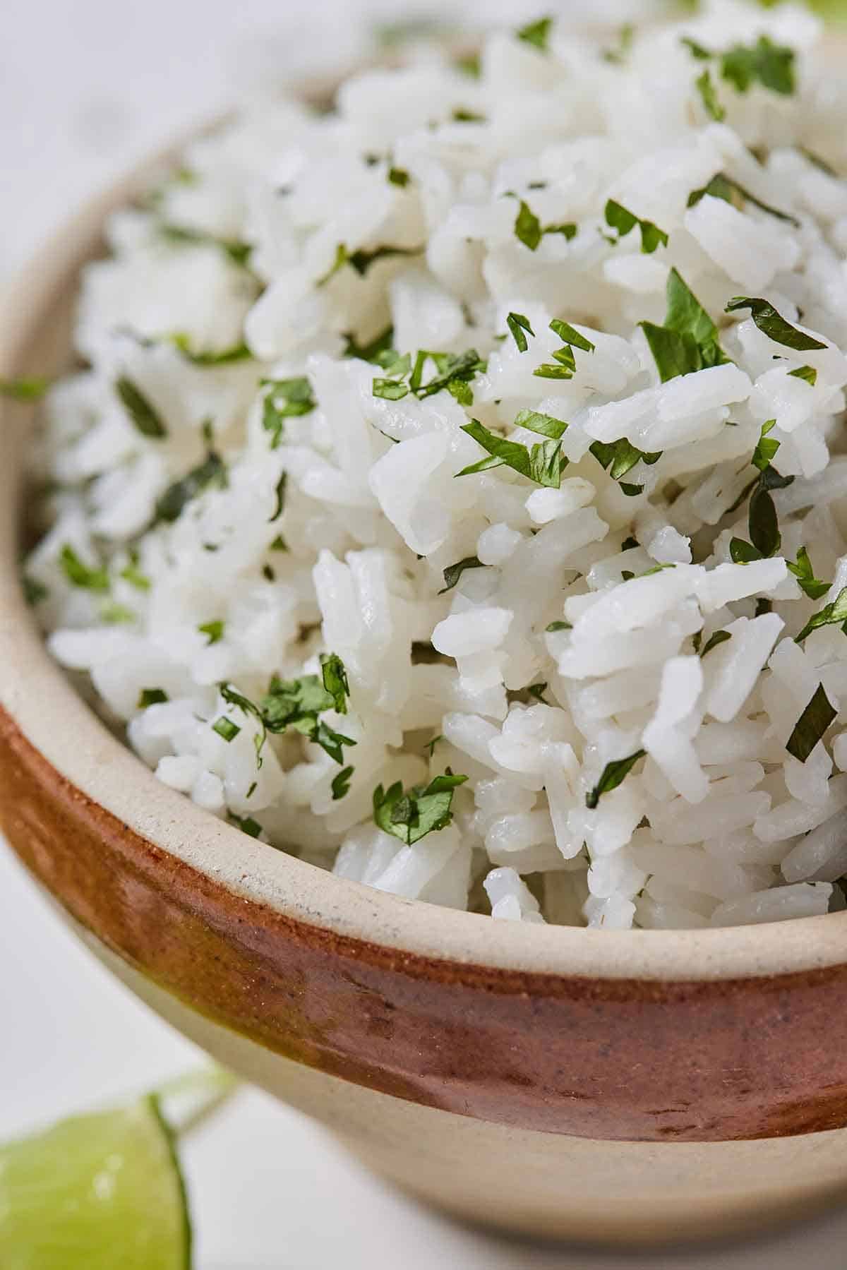 Close up image of a bowl of cilantro lime rice.