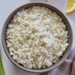 Overhead view of a bowl of cauliflower rice.