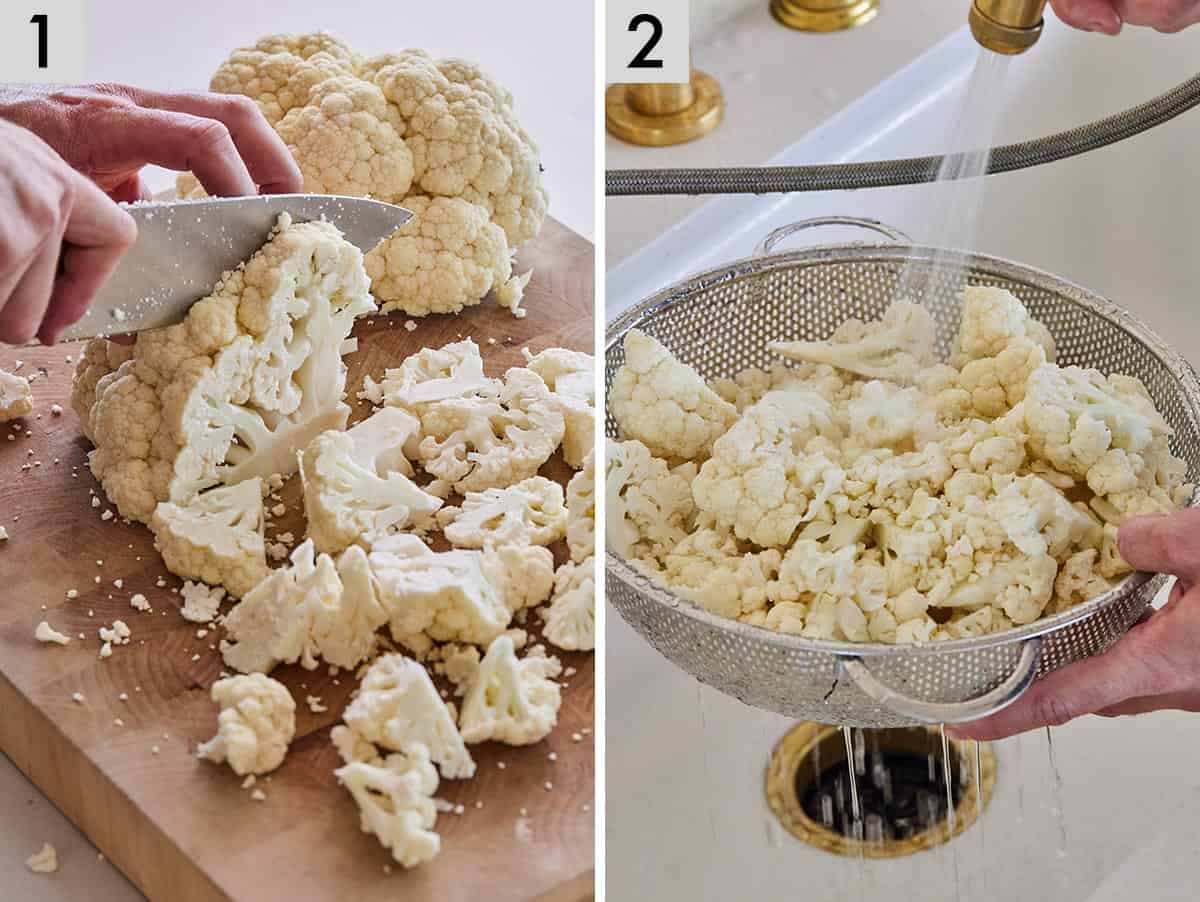 Set of two photos showing cauliflower being cut and rinsed.