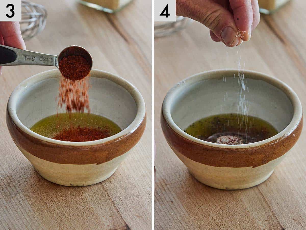 Set of two photos showing paprika and salt added to a bowl of olive oil.