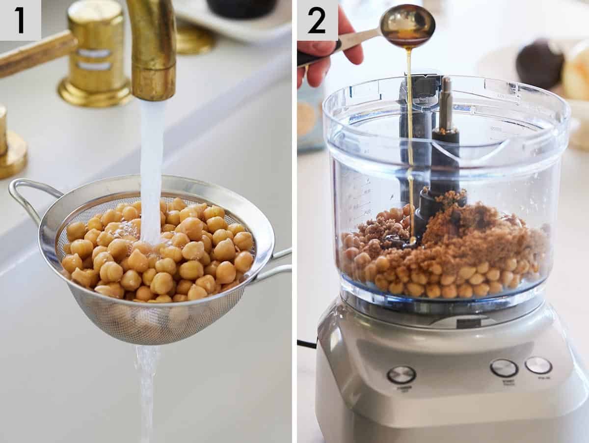 Set of two photos showing chickpeas being rinses and then chickpeas, peanut butter, and maple syrup added to a food processor.