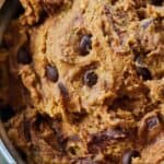 Pinterest graphic of an overhead view of chickpea cookie dough, close up.