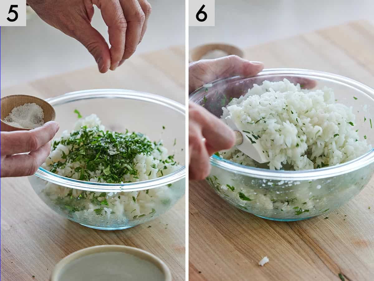 Set of two photos showing a bowl of rice with cilantro with salt added on top then mixed together.