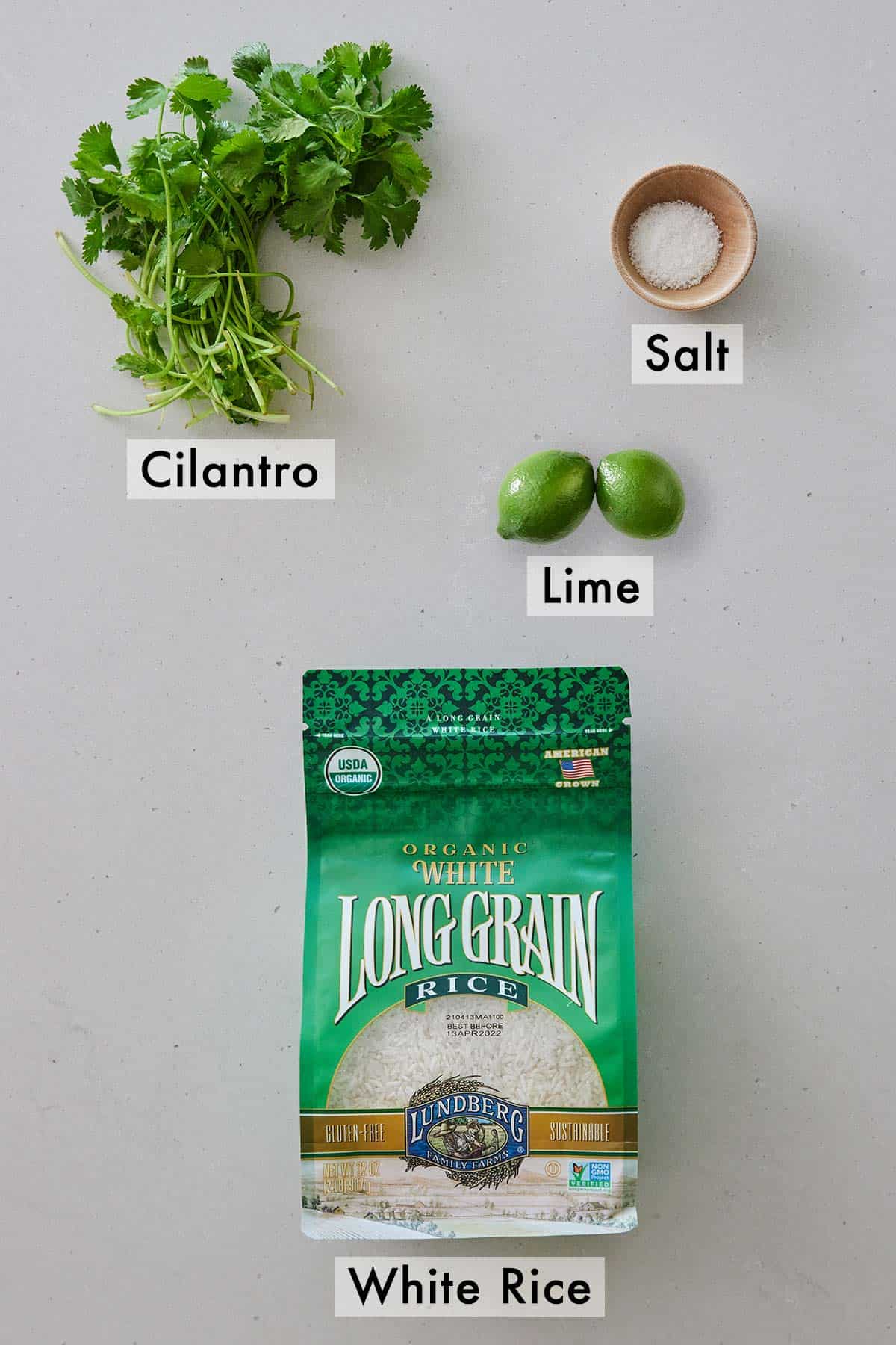 Ingredients needed to make cilantro lime rice.