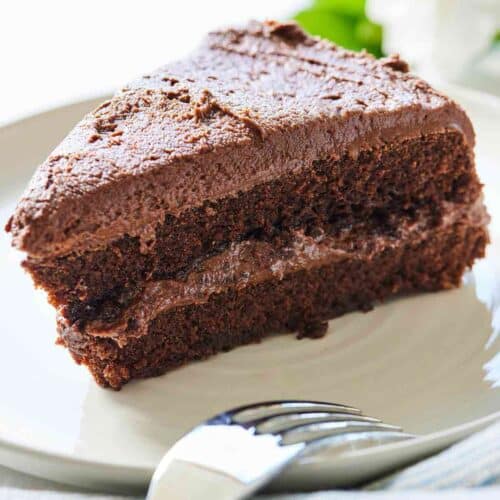A plate of a slice of vegan chocolate cake with chocolate frosting.