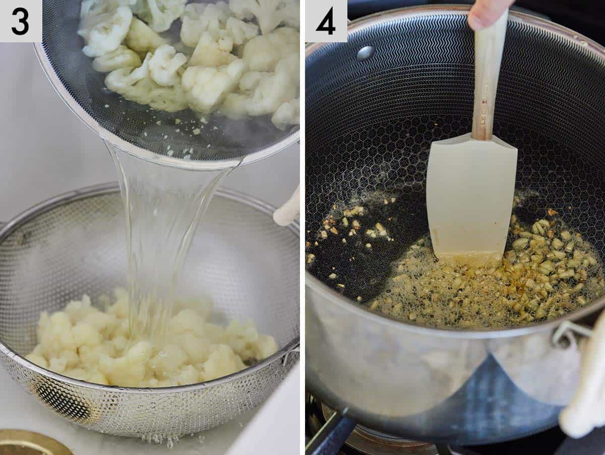 Set of two photo showing the pot of cauliflower drained then garlic being cooked in a pot.