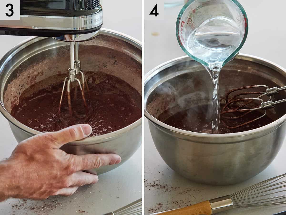 Set of two photos showing batter being batten with a mixer and then hot water added to it.